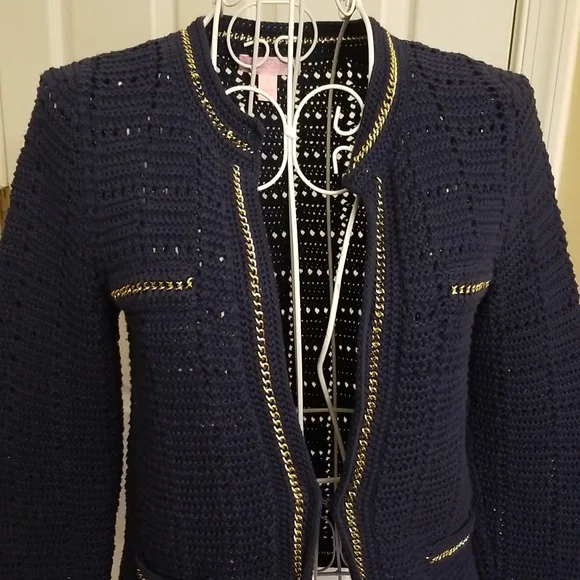 Lilly Pulitzer blue sweater accented with golden chain Details. Size Small - Picture 2 of 12